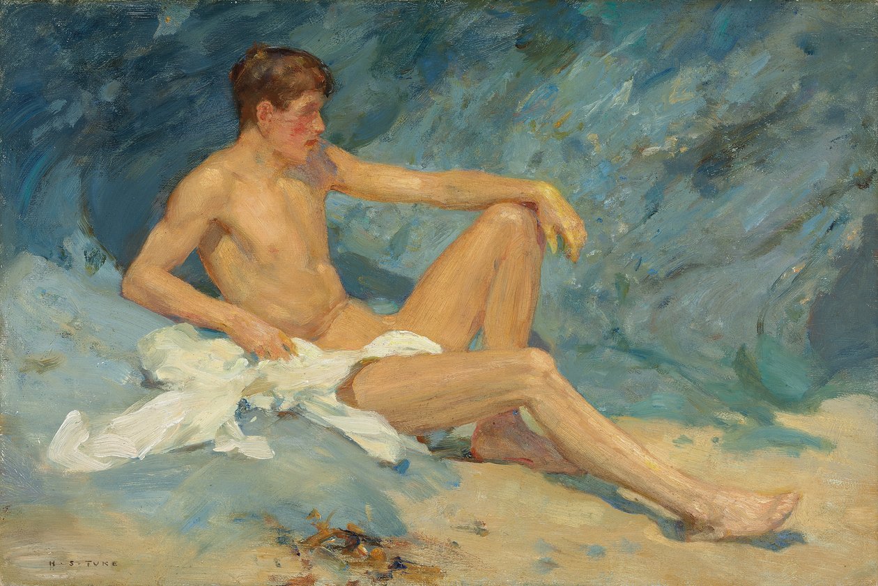 En nøgen mand lænet på klipper af Henry Scott Tuke