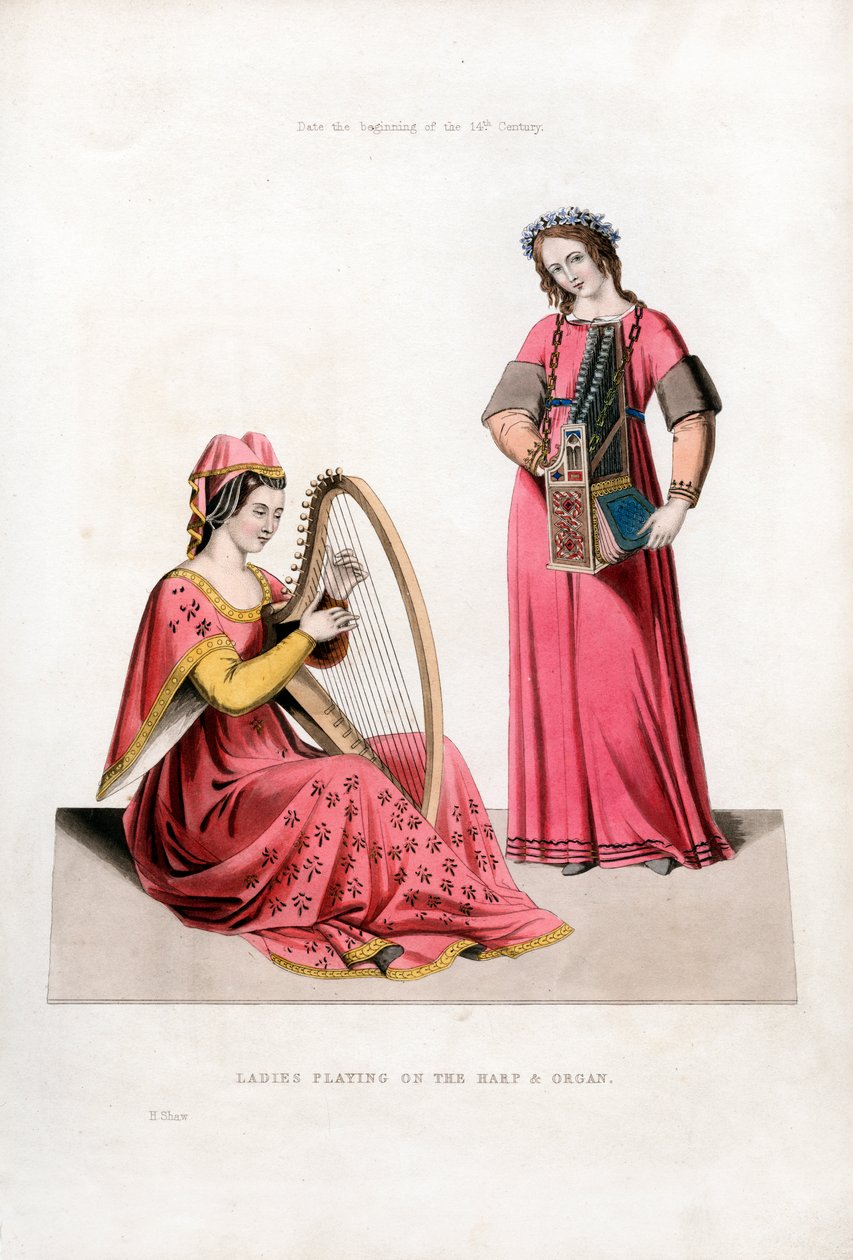 Damer, der spiller på harpe og orgel, begyndelsen af det 14. århundrede, 1843. af Henry Shaw