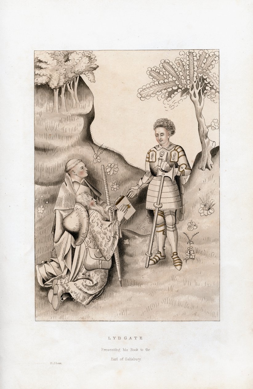 Lydgate præsenterer sin bog for jarlen af Salisbury, 1426, 1843. af Henry Shaw