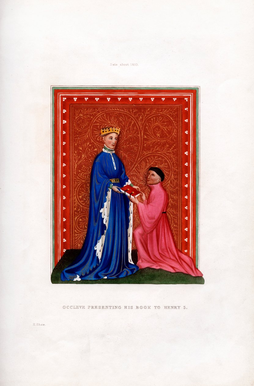 Occleve præsenterer sin bog til Henry V, c1410, 1843. af Henry Shaw