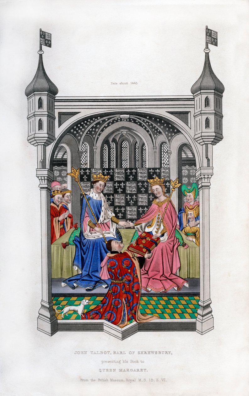 Jarlen af Shrewsbury præsenterer sin bog for dronning Margaret, c1445, 1843. af Henry Shaw