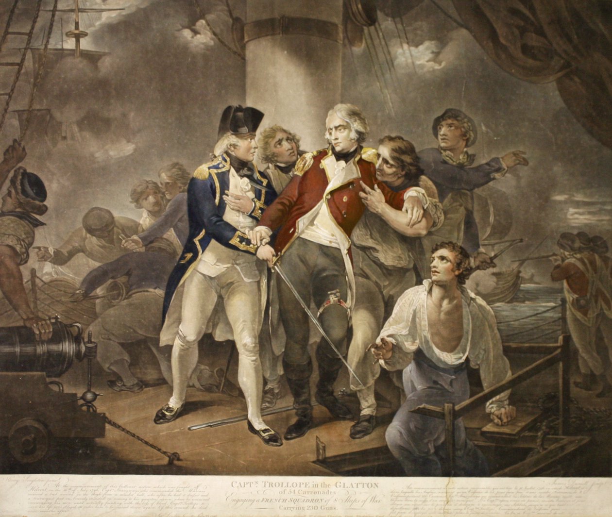 Capt. Trollope i Glatton of 54 Carronades Engagerer en fransk eskadron på 8 krigsskibe med 230 kanoner, indgraveret af James Daniell, 1797 (mezzotint) af Henry Singleton