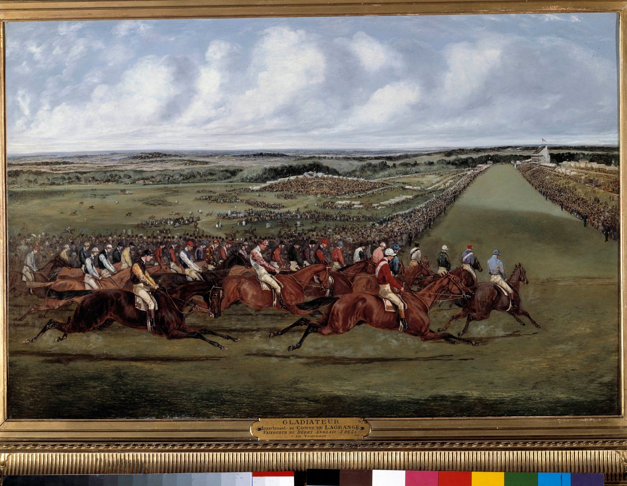 Ved vendingen, Gladiator-vinder af det engelske derby Maleri af Henri Alken (1774-1850) 1865. Paris, Societe-opmuntring - Ved vendingen vinder “” Gladiateur””” det engelske derby. Maleri af Henry Alken (1774-1850) 1865. Societe d