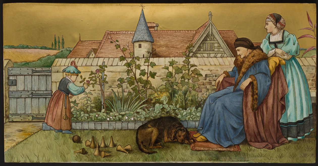 Sans Everything, plakette, der viser en illustration fra Shakespeares Seven Ages, Minton ware, Staffordshire, 1874 (emaljeret fajance) af Henry Stacey after Marks