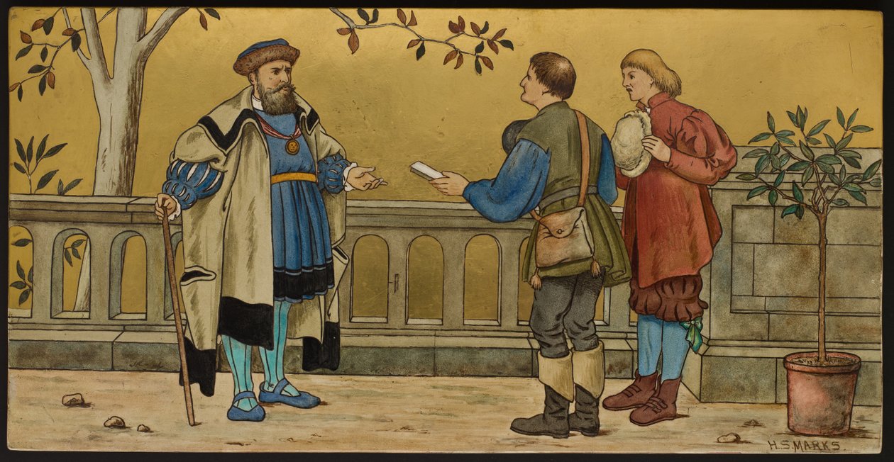 The Justice, plakette, der viser en illustration fra Shakespeares Seven Ages, Minton ware, Staffordshire, 1874 (emaljeret fajance) af Henry Stacey after Marks