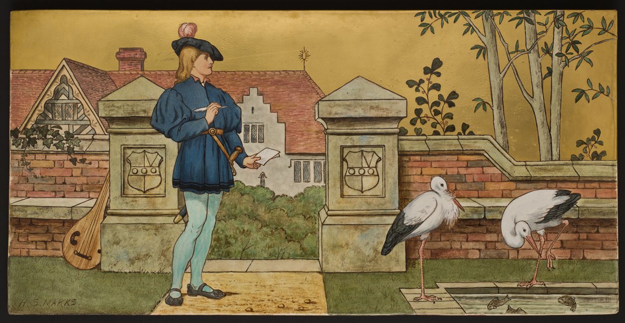 The Lover, plakette, der viser en illustration fra Shakespeares Seven Ages, Minton ware, Staffordshire, 1874 (emaljeret fajance) af Henry Stacey after Marks