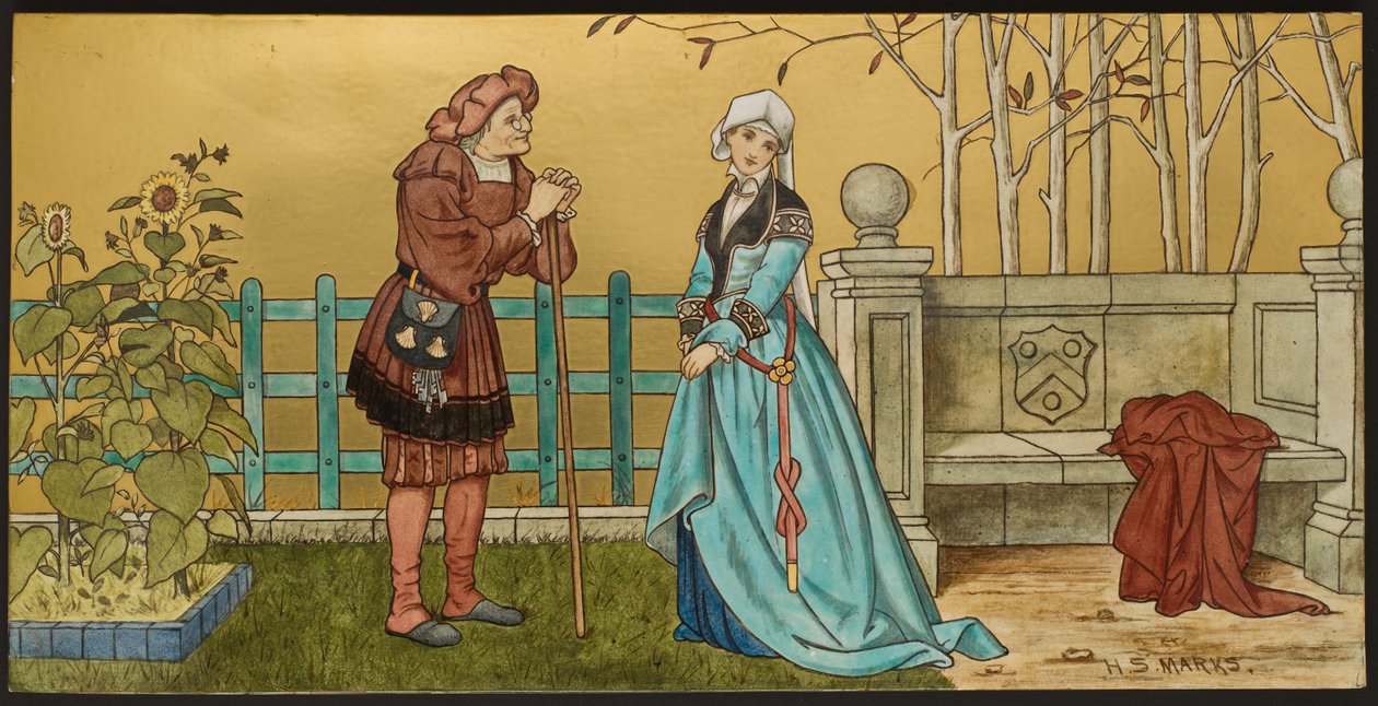 The Pantaloon, plakette, der viser en illustration fra Shakespeares Seven Ages, Minton ware, Staffordshire, 1874 (emaljeret fajance) af Henry Stacey after Marks