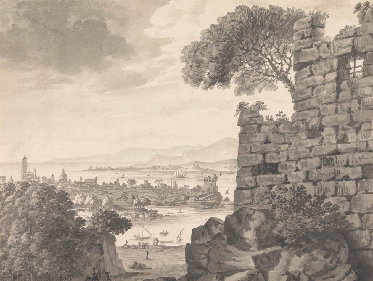 Landskab med ruiner i forgrunden, havn og landsby i baggrunden af Henry Swinburne