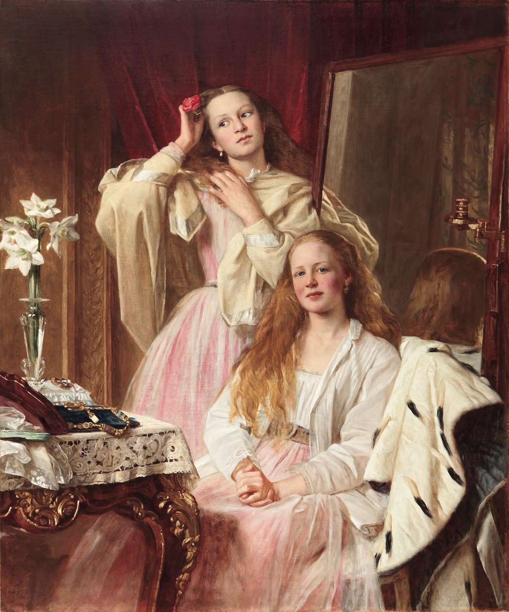 Portræt af Emma og Frederica Bankes fra Soughton Hall ved deres toiletbord, 1869 af Henry Tanworth Wells