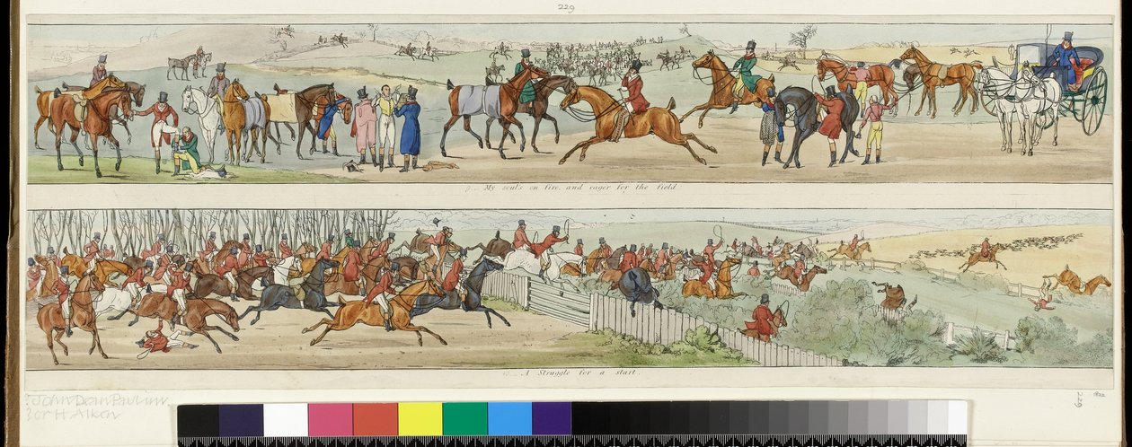 9. Min sjæl brænder og ivrig efter marken! 10. En kamp for en start. En jagtrejse til Melton Mowbray, 1822 af Henry Thomas Alken