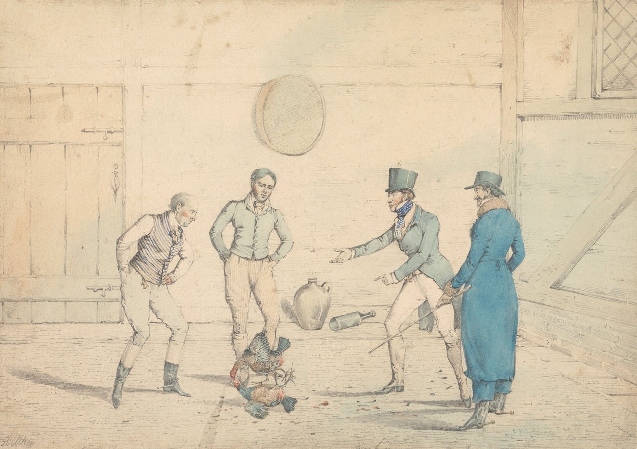 En hanekamp betragtet af fire mænd i et udhus: Kampen, graveret som tavle 39 i "The National Sports of Great Britain" af Henry Thomas Alken