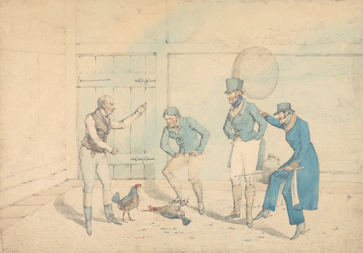 En hanekamp betragtet af fire mænd i et udhus: Døden, graveret som tavle 40 i "The National Sports of Great Britain" af Henry Thomas Alken