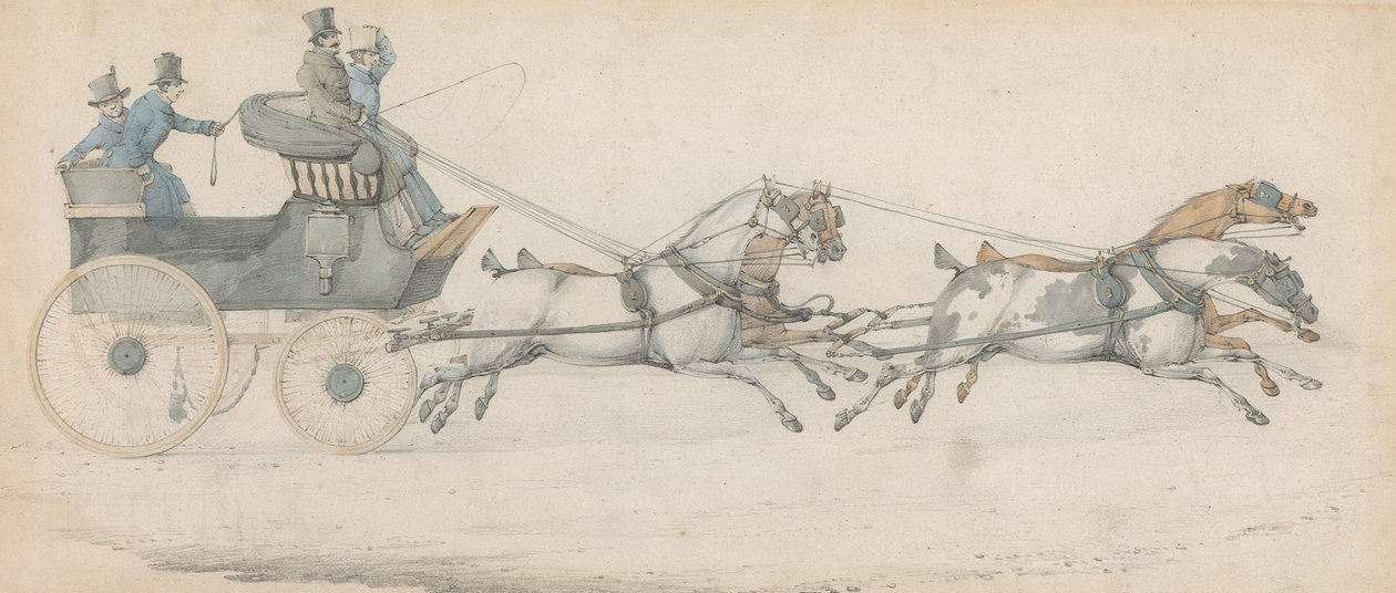En gentleman kører med et firspand foran en postfæton, ledsaget af tre staldkarle af Henry Thomas Alken