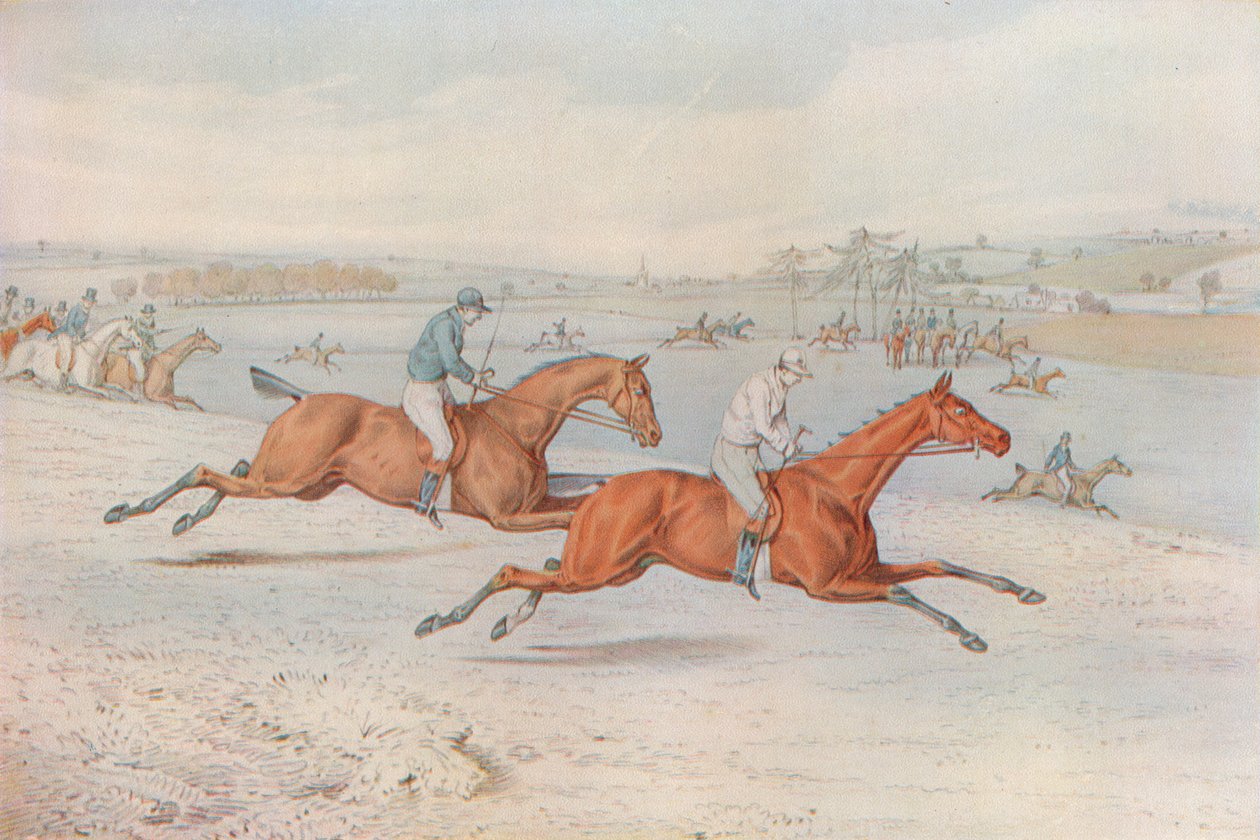 A Steeplechase: Starten. Off they Go - med hvid til valg, 1827 af Henry Thomas Alken
