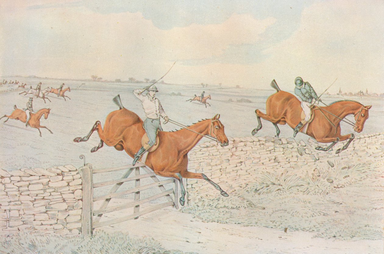 A Steeplechase: Et slag mod en sten indhegning. 5 til 4 på hvidt, 1827 af Henry Thomas Alken