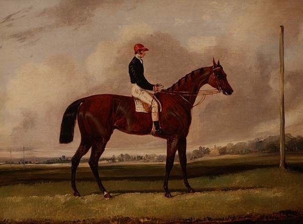 Bay væddeløbshest med en jockey på en væddeløbsbane af Henry Thomas Alken