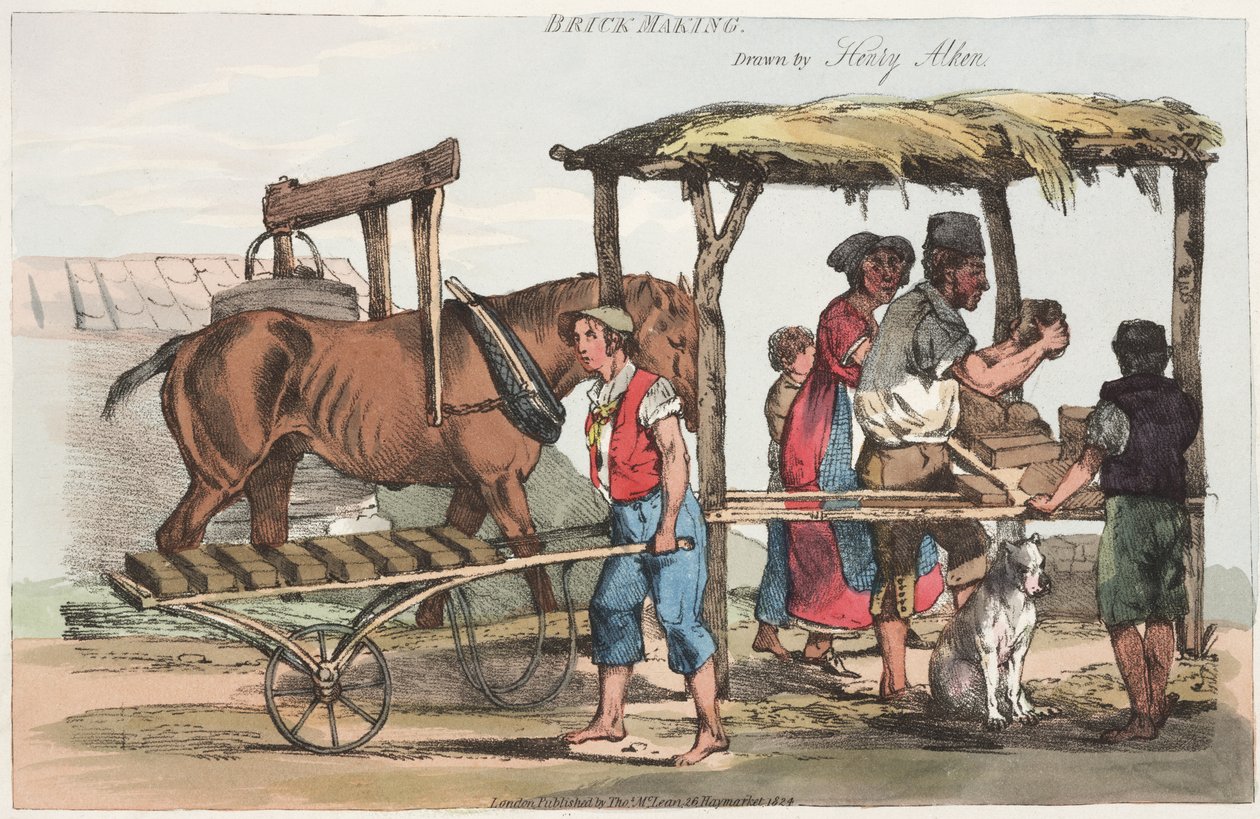 Brick Making, udgivet af Thomas Mclean fra Haymarket, 1824 (farvet radering) af Henry Thomas Alken