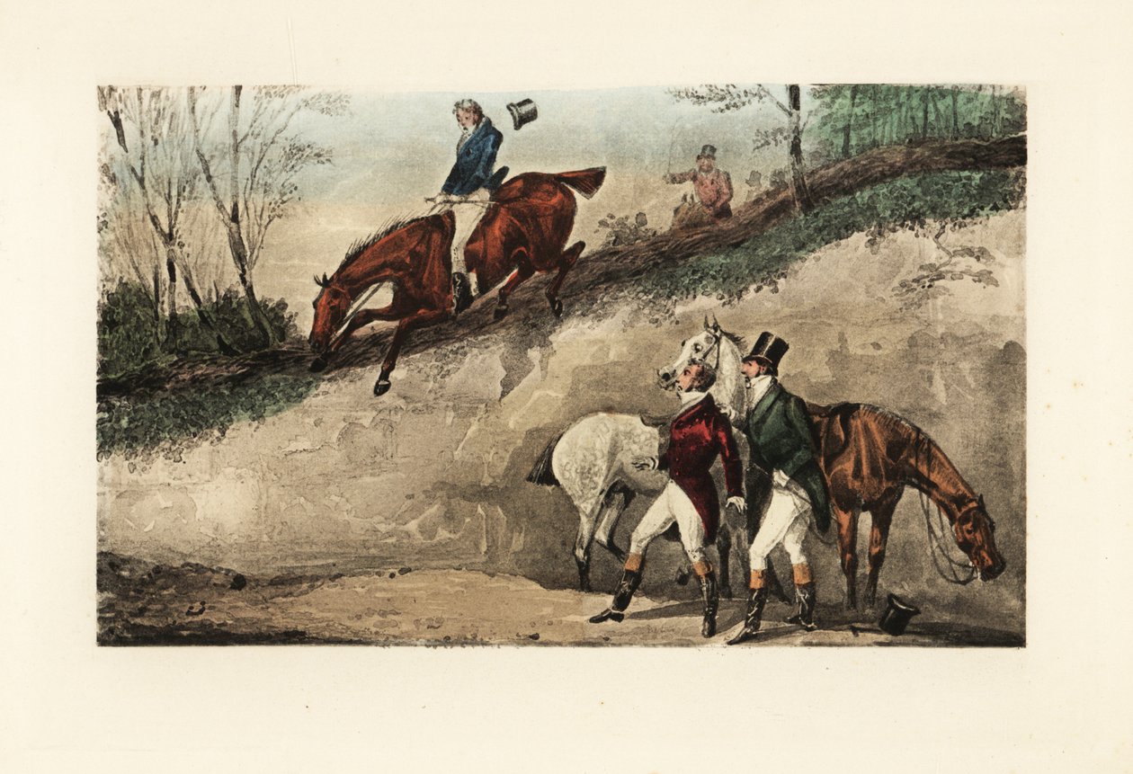 Engelsk herre til hest, der springer fra en stejl vold af Henry Thomas Alken