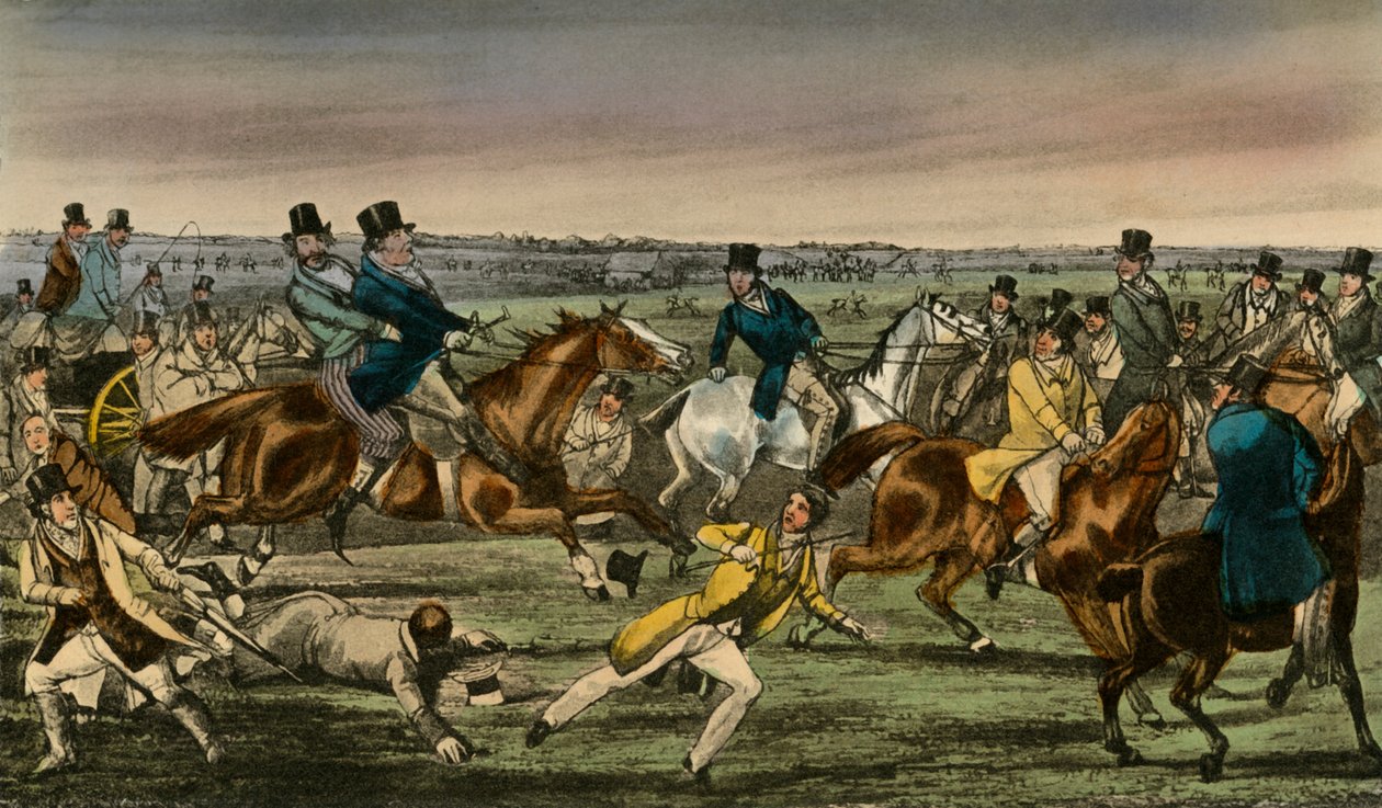 Mr. Jorrocks går ind i Newmarket-væddemålsringen, 1838 af Henry Thomas Alken