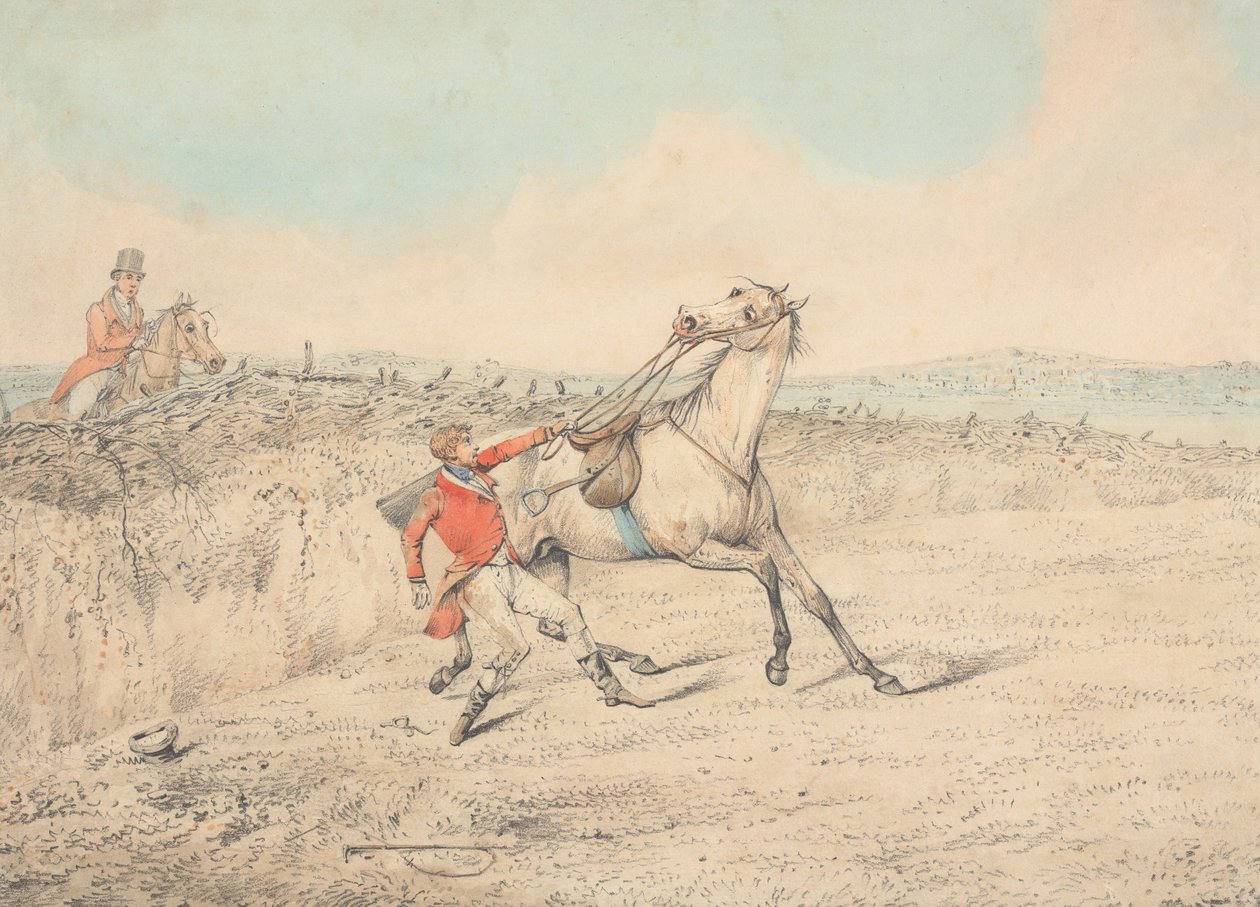 Rytter, der holder fast i en grå hest efter et fald af Henry Thomas Alken