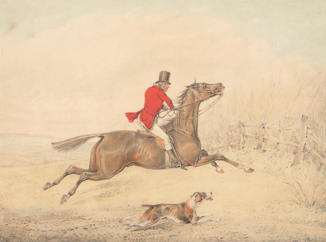 Rytter på en brun hest, der er ved at springe over et hegn mod højre af Henry Thomas Alken