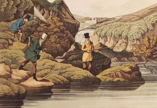 Laksefiskeri, auqatinteret af I. CLark, pub. af Thomas McLean, 1820 (akvatint) af Henry Thomas Alken