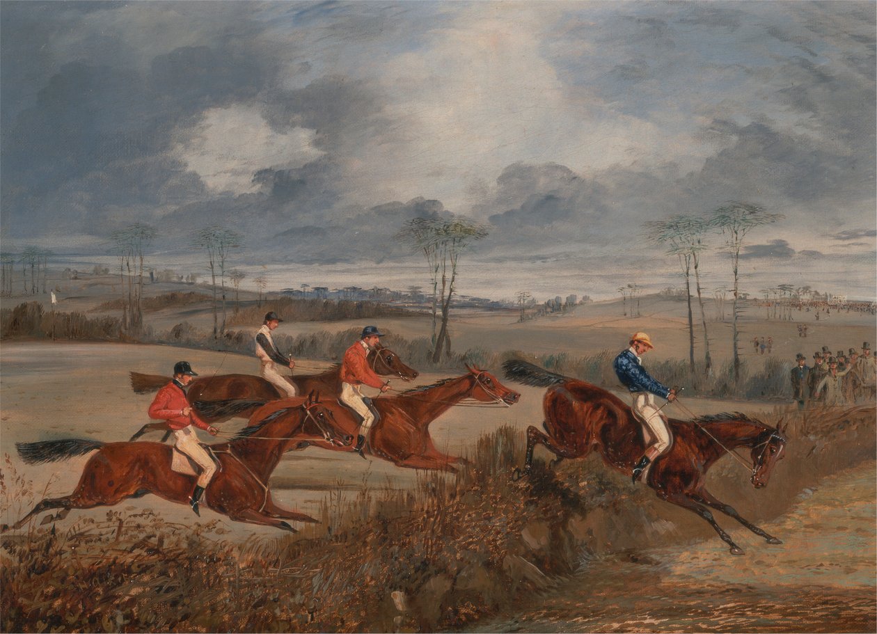 Scener fra en steeplechase: Taking a Hedge af Henry Thomas Alken