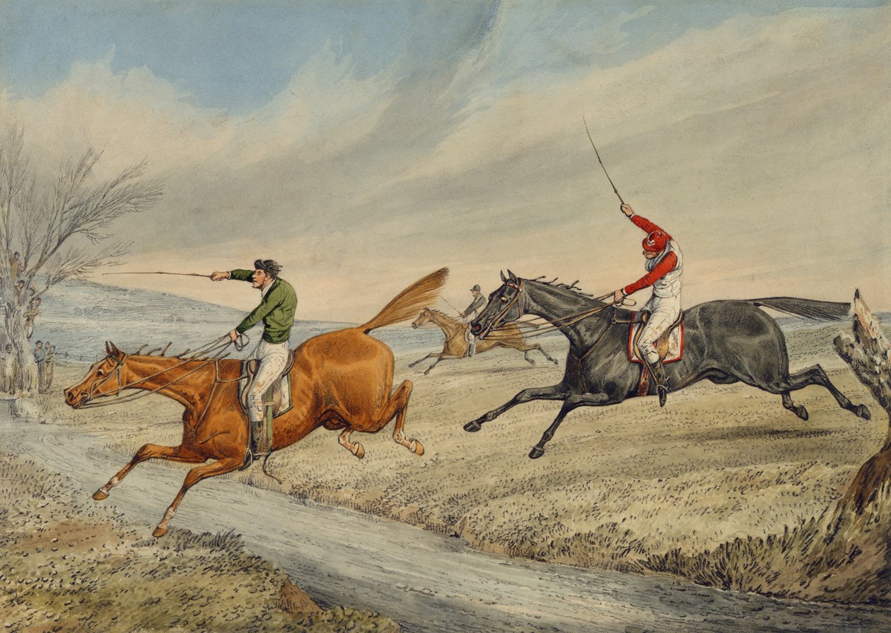Steeplechasing: Three Riders Taking a Brook (blyant og wc på papir) af Henry Thomas Alken