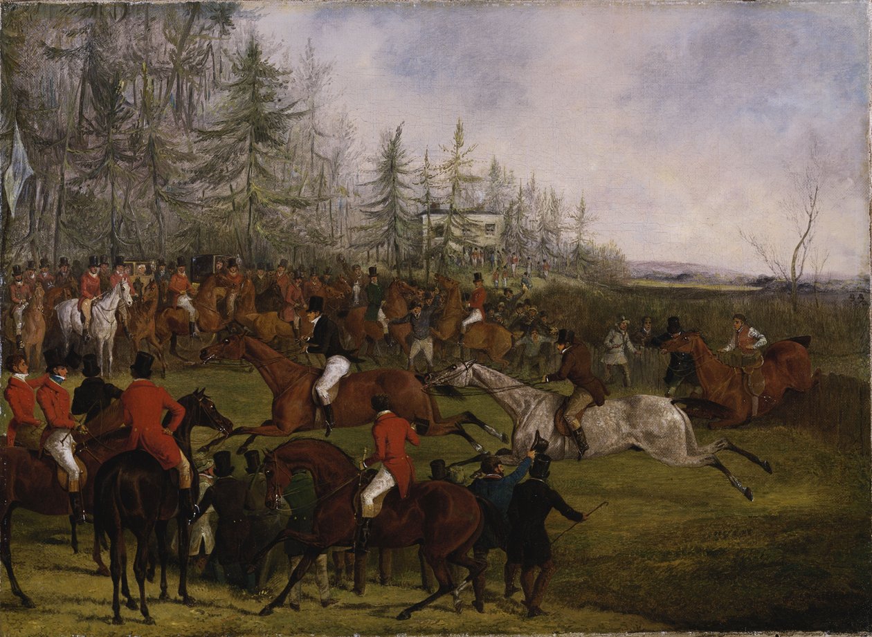 The Grand Leicestershire Steeplechase, 12. marts 1829: The Winning Post og Billesdon Coplow af Henry Thomas Alken