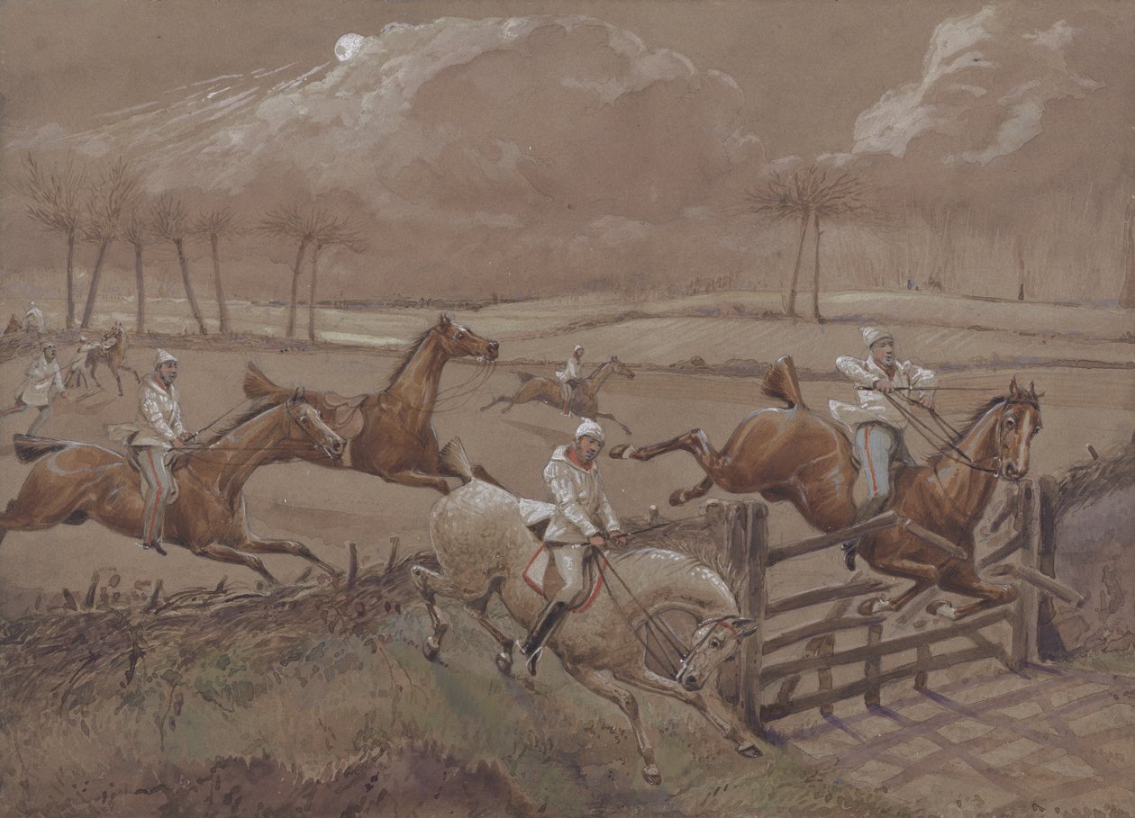 The Last Field nær Nacton Heath, plade 3, fra The First Steeple Chase on Record, indgraveret af J. Harris, trykt af Ackermann, London i 1839 (farvet akvatint) af Henry Thomas Alken