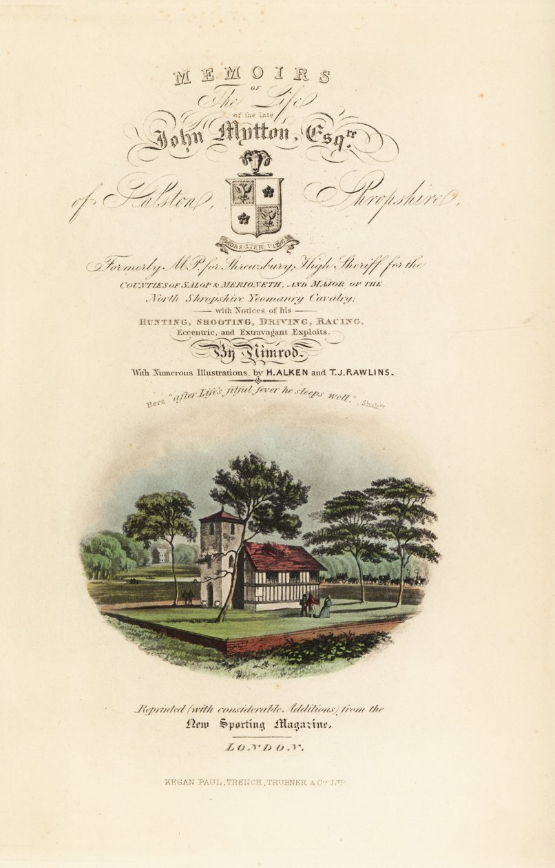 Titelside med kalligrafisk titel og vignet af engelsk Tudor af Henry Thomas Alken