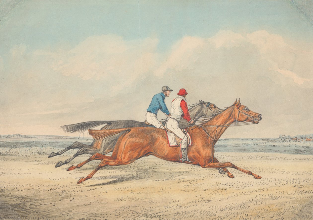 To jockeyer galopperer side om side mod højre af Henry Thomas Alken