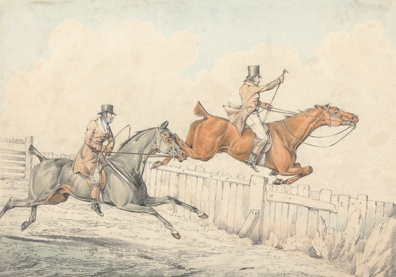 To ryttere springer over et træhegn af Henry Thomas Alken
