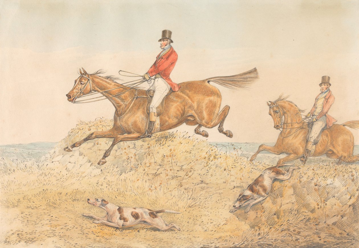 To ryttere og et par jagthunde, der springer over en mur af Henry Thomas Alken
