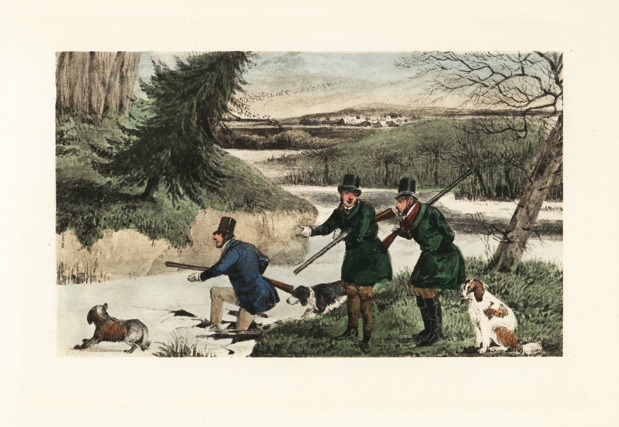Victorianske herrer, der jager ænder med våben og hunde på en frossen af Henry Thomas Alken