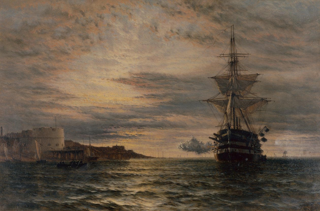 Morgenhilsnen fra HMS St Vincent ud for Portsmouth (olie) af Henry Thomas Dawson