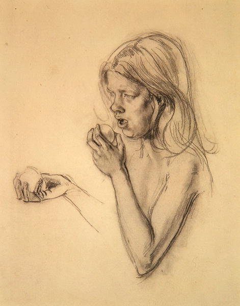 Hoved og skuldre af en pige som Eva (?) (kridt på papir) af Henry Tonks