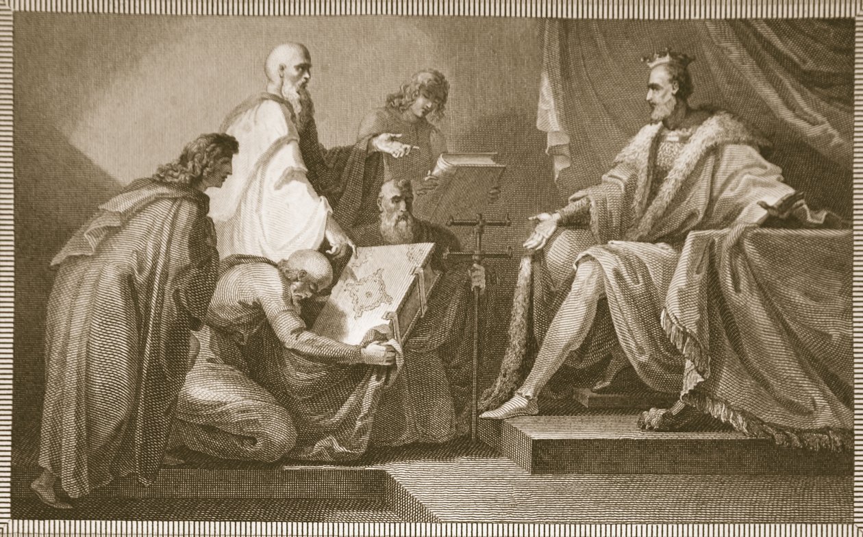 Dommedagsbog skænket til Vilhelm I, graveret af J. Fittler, illustration fra David Humes "The History of England", udgivet af R. Bowyer, London, 1812 af Henry Tresham