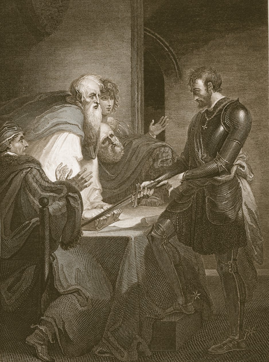Jarl Warenne begrunder sine ejendomsrettigheder, graveret af J. Fittler, illustration fra David Humes "The History of England", udgivet af R. Bowyer, London, 1812. af Henry Tresham