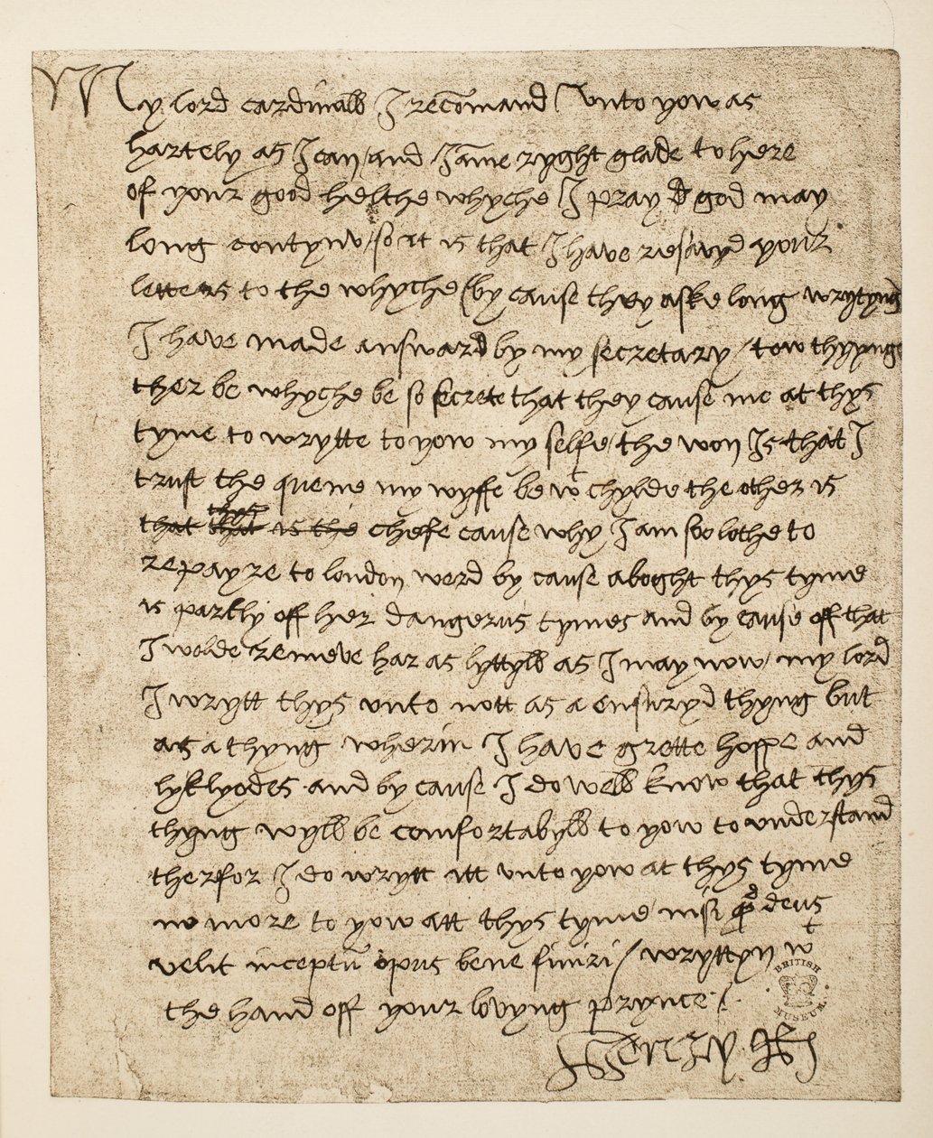 Faksimile af et brev fra Henry VIII til kardinal Wolsey dateret juli 1518, pub. 1902 (collotype) af Henry VIII