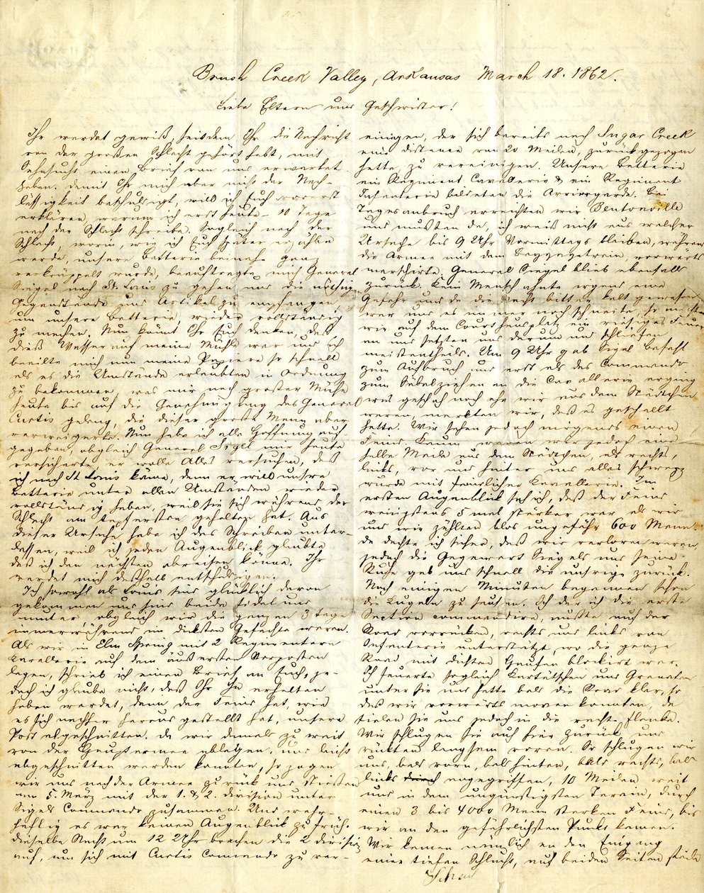 Brev signeret Henry [Henry Voelkner], Brush Creek Valley, Arkansas, til sine forældre, brødre og søstre, 18. marts 1862 af Henry Voelkner