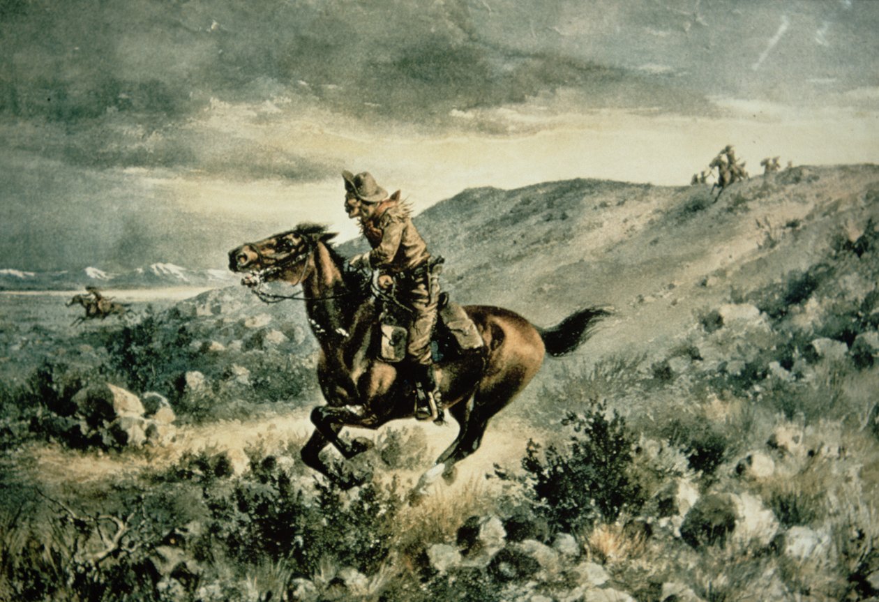 Pony Express forfulgt af indianere af Henry W. Hansen