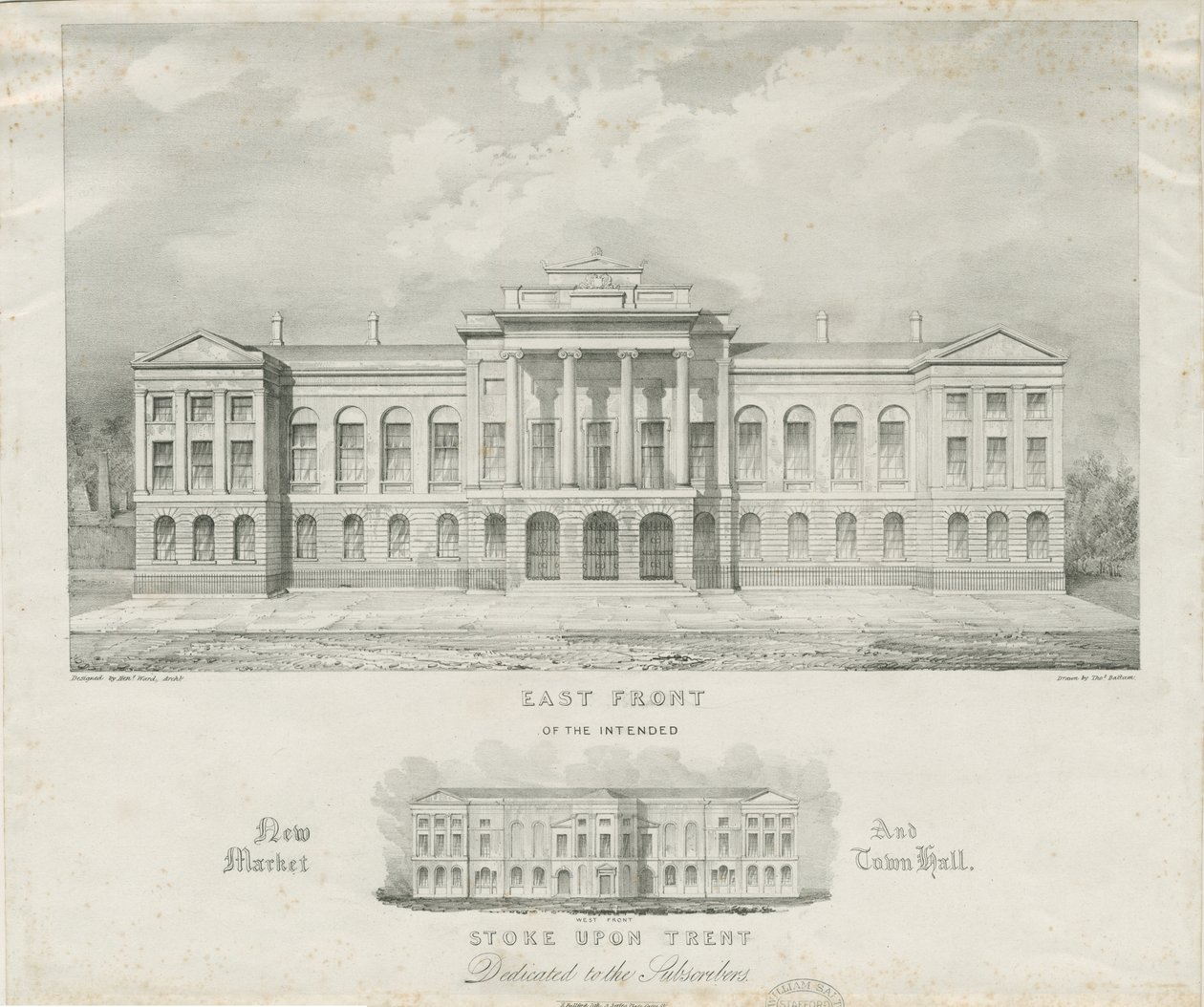 Stoke-upon-Trent - Påtænkt nyt marked og rådhus: litografi, nd [c 1834] af Henry Ward