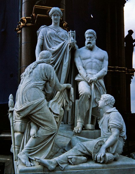 Fremstiller, skulpturgruppe fra Albert Memorial, færdiggjort i 1876 (granit) af Henry Weekes