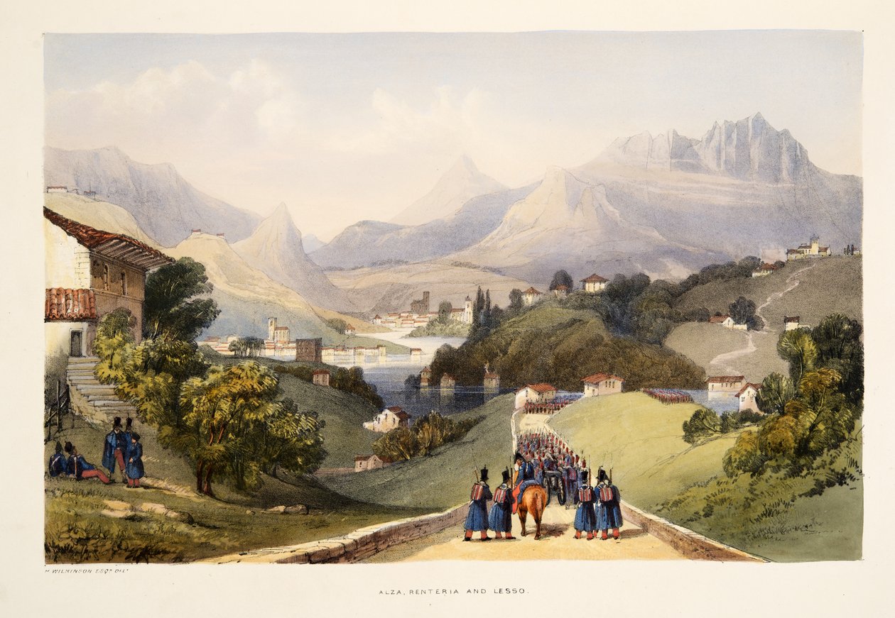 Alza, Renteria og Lezo, fra Skitser af landskaber i de baskiske provinser i Spanien, med et udvalg af national musik …, pub. 1838 (håndfarvet gravering) af Henry Wilkinson