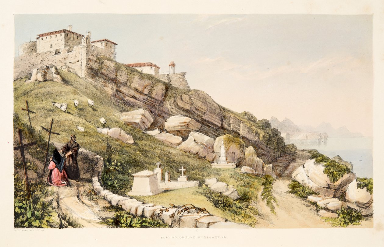 Burial Place of British Officers on the Castle Hill of San Sebastian, fra Skitser af landskaber i de baskiske provinser i Spanien, med et udvalg af national musik ?, pub. 1838 (håndfarvet gravering af Henry Wilkinson