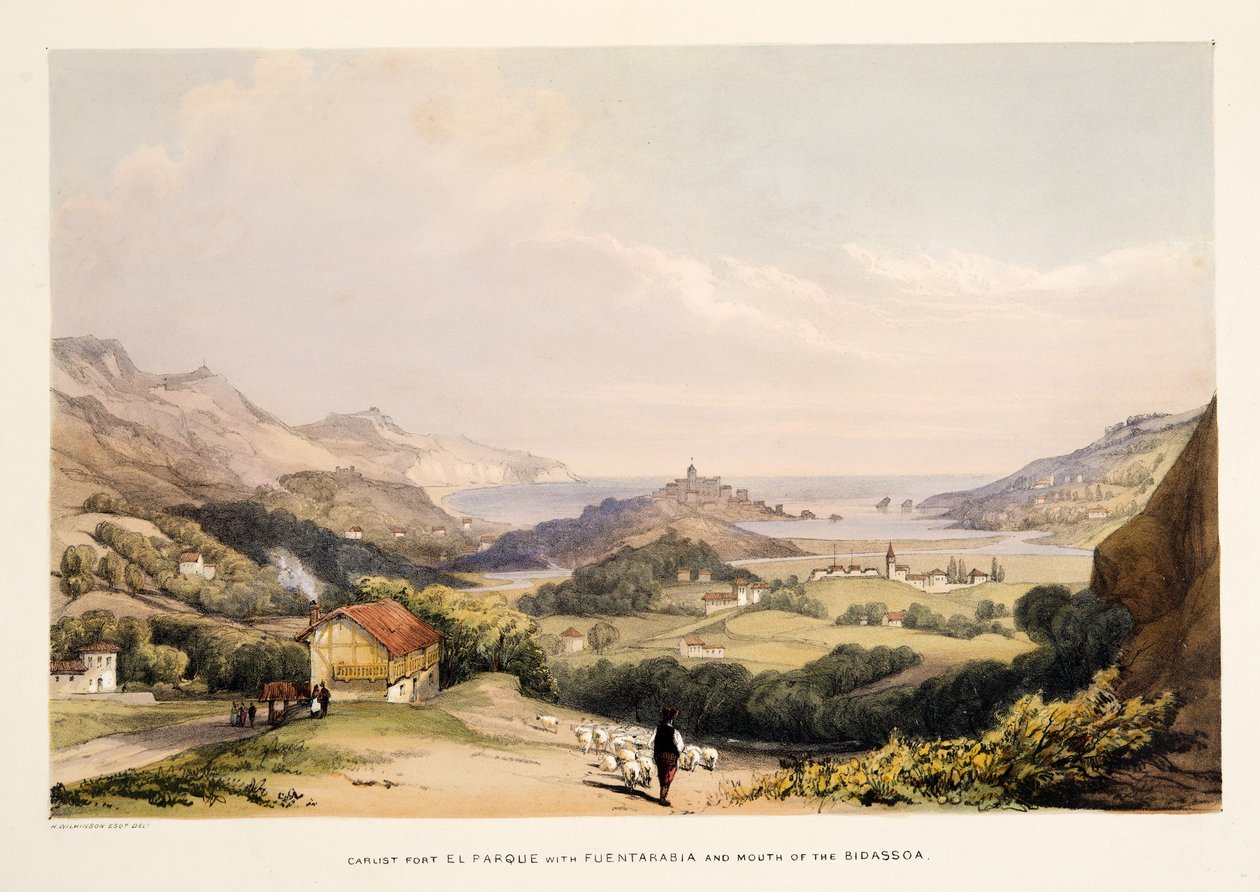 Carlist Fort, El Parque, med Fontarabia og Bidassoas mund, fra Skitser af landskaber i de baskiske provinser i Spanien, med et udvalg af national musik ?, pub. 1838 (håndfarvet gravering) af Henry Wilkinson