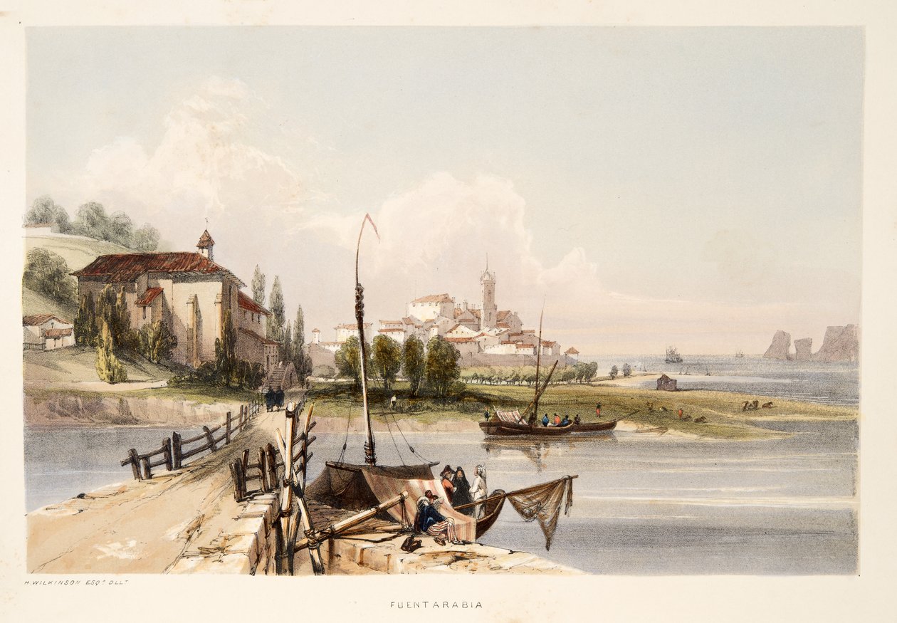 Fontarabia, med klostret og broen Capauchinos, fra Skitser af landskaber i de baskiske provinser i Spanien, med et udvalg af national musik ?, pub. 1838 (håndfarvet gravering) af Henry Wilkinson