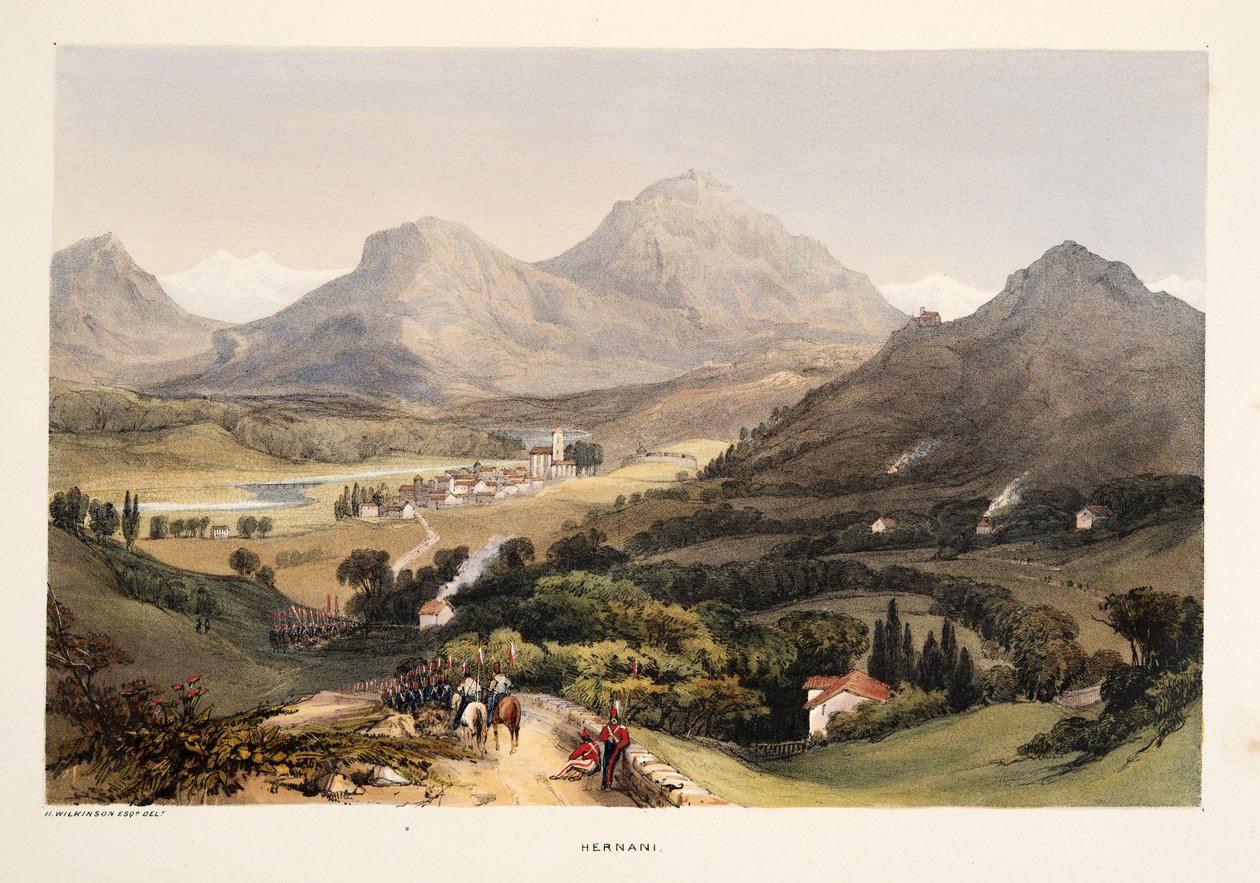 Hernani, fra Sketches of scenery i de baskiske provinser i Spanien, med et udvalg af national musik , pub. 1838 (håndfarvet gravering) af Henry Wilkinson