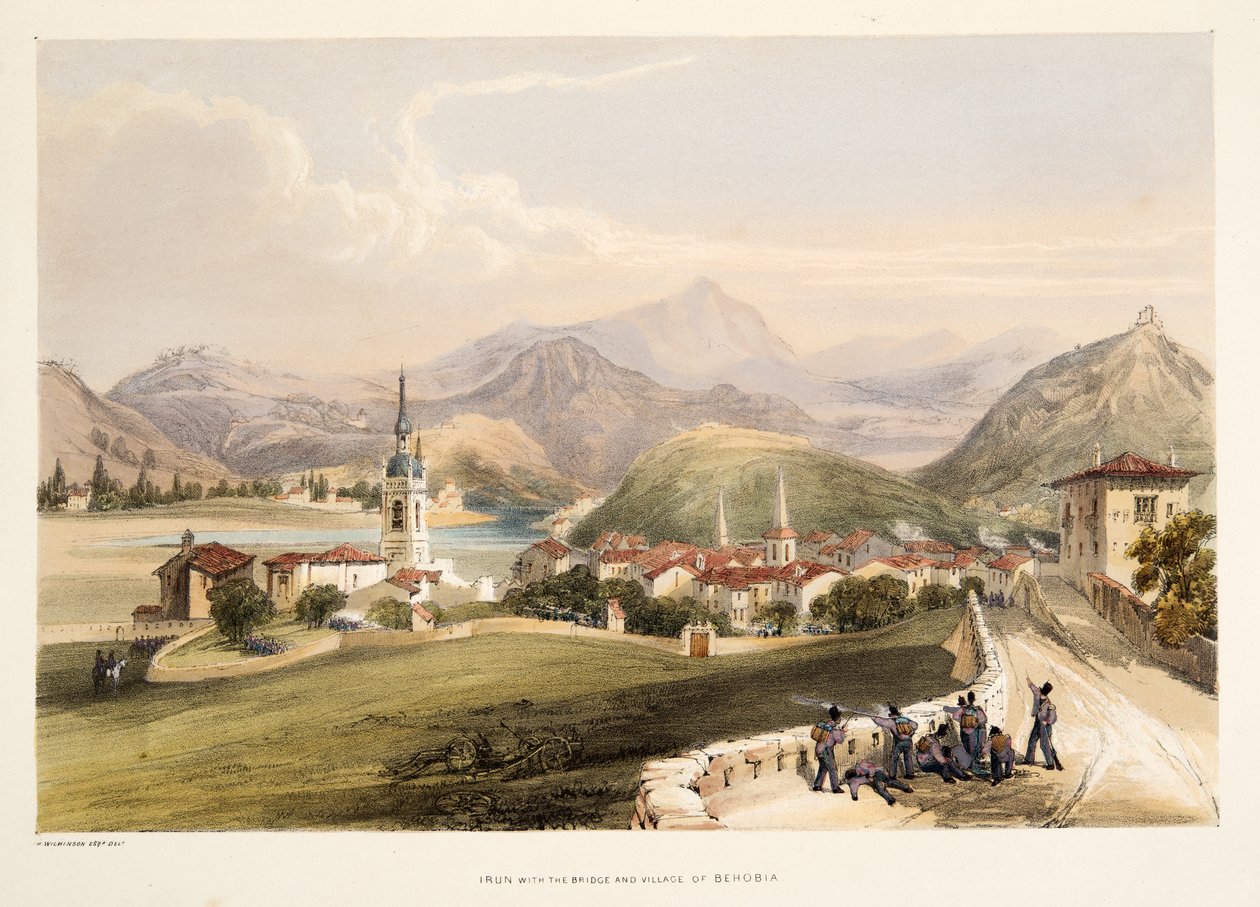 Irun, med Mount San Martial og Capauchinos-broen, fra Skitser af landskaber i de baskiske provinser i Spanien, med et udvalg af national musik ?, pub. 1838 (håndfarvet gravering) af Henry Wilkinson
